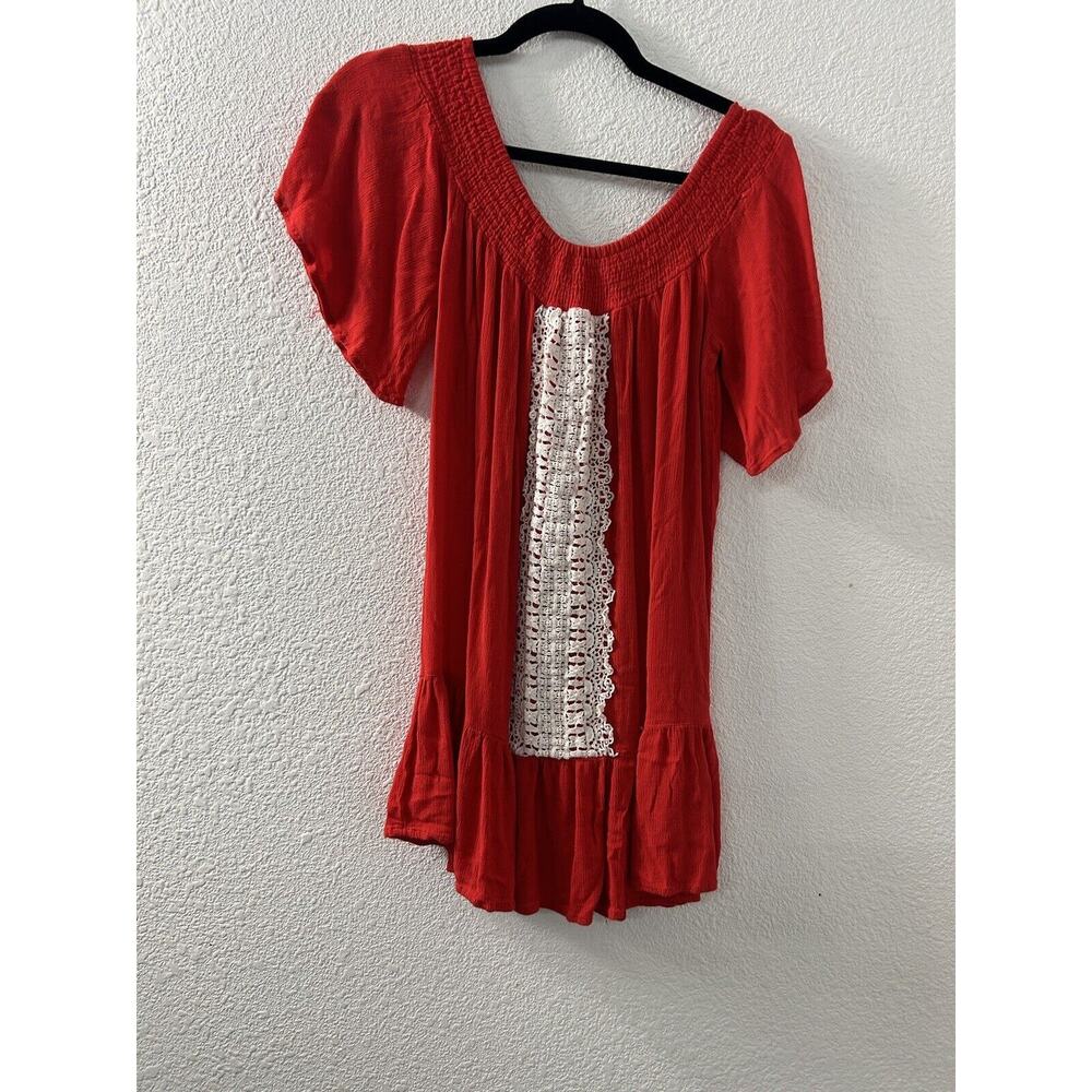 Flying Tomato Red Tunic Womens Boho‎ Top Ruffle White Crochet Size M